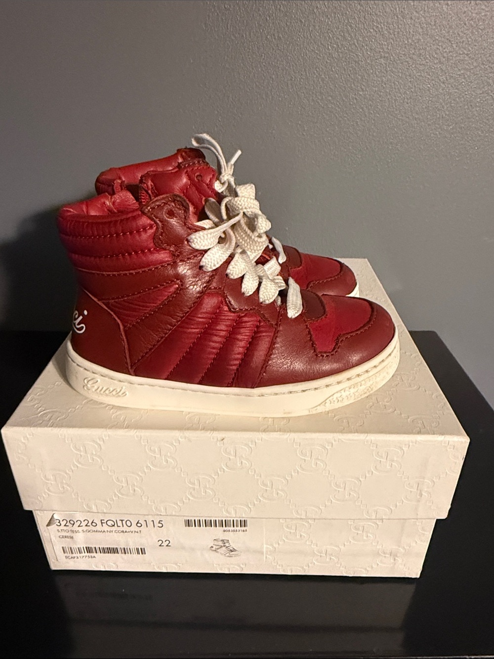 Gucci Red High-Top Kids Sneakers with White Soles and Laces